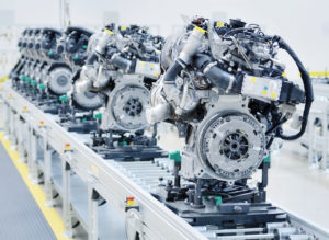 New manufactured engines on assembly line in a factory.